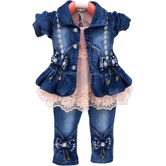 Little Girls Clothing Set 3pcs Long Sleeve T-Shirt Denim Jacket and Jeans